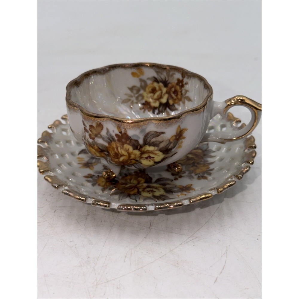 FRED ROBERTS CO JAPAN PORCELAIN YELLOW ROSE 2 3/4" CUP AND SAUCER SET 1950's